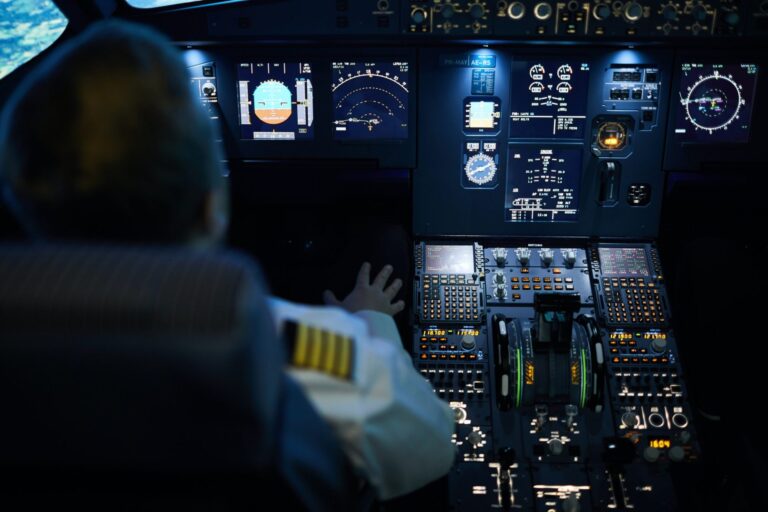 Inside of commerical cockpit with all glass instruments overlooking pilots shoulder.